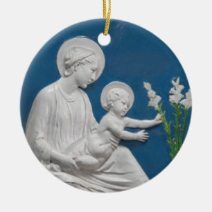 Della Robbia Madonna en Kind met lelies Blauw Wit Keramisch Ornament