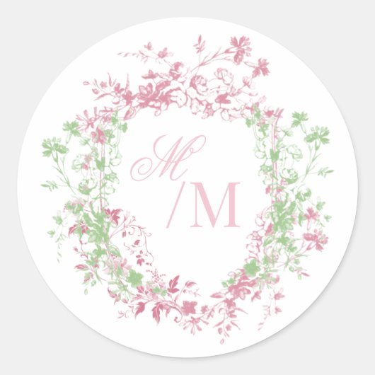 Dellijke Franse Flora Crest Bruiloft Ronde Sticker (Voorkant)