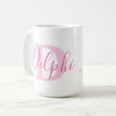 Delphi naam betekenis en monogram roze tekst koffiemok (Voorkant links)