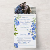 Delphinium blauw waterverf kunst bruiloft all in one uitnodiging (Binnen)