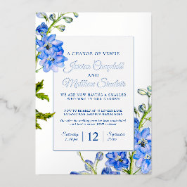 Delphinium blauwe bloemen verandering van huwelijk folie uitnodiging