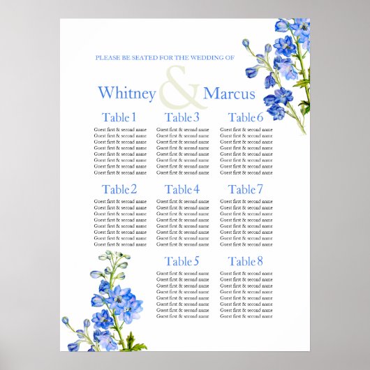 Delphinium blauwe trouw zitplaats tafel planner poster (Voorkant)