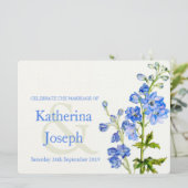 Delphinium blauwe waterverf bruiloft uitnodiging (Staand voorkant)