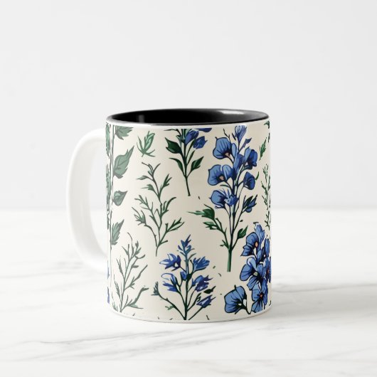Delphinium bloemen ontwerp, Botanische elegantie Tweekleurige Koffiemok (Voorkant links)