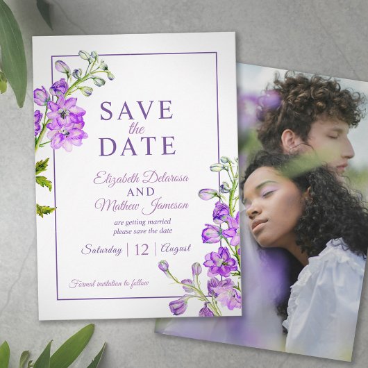 Delphinium floral save the date purple photo