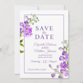 Delphinium floral save the date purple photo (Voorkant)