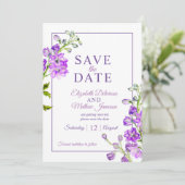 Delphinium floral save the date purple photo (Staand voorkant)