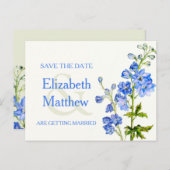 Delphinium geschilderde blauwe bloem bewaar de dat aankondigingskaart (Voorkant / Achterkant)