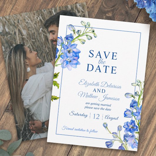 Delphinium geschilderde blauwe bloem foto bruiloft save the date