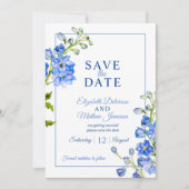 Delphinium geschilderde blauwe bloem foto bruiloft save the date (Voorkant)