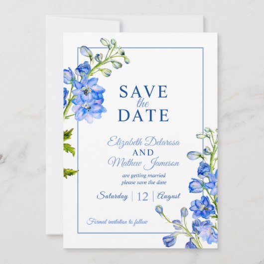 Delphinium geschilderde blauwe bloem foto bruiloft save the date (Voorkant)