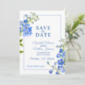 Delphinium geschilderde blauwe bloem foto bruiloft save the date (Staand voorkant)