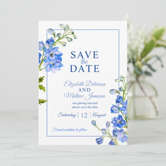 Delphinium geschilderde blauwe bloem foto bruiloft save the date (Staand voorkant)