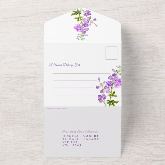 Delphinium paarse bloemen waterverf bruiloft all in one uitnodiging (Buitenkant)