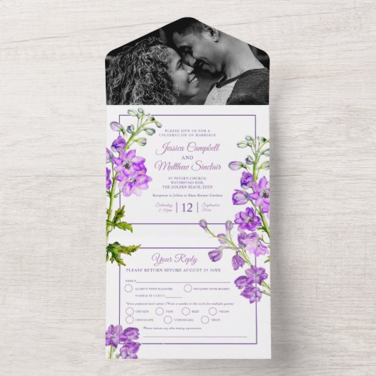 Delphinium paarse bloemen waterverf bruiloft all in one uitnodiging (Binnen)