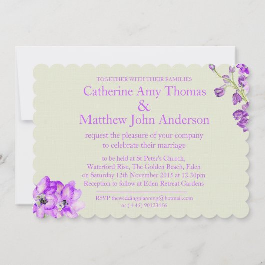 Delphinium paarse waterverf bruiloft uitnodiging (Achterkant)
