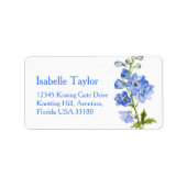 Delphinium schilderde blauwe trouwadreslabel etiket (Voorkant)