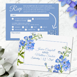 Delphiniumbloemen blauwe waterverf bruiloft QR-cod RSVP Kaartje