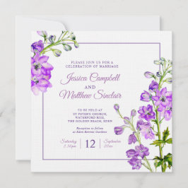 Delphiniumbloemen paarse waterverf bruiloft kaart