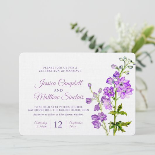 Delphiniumbloemen paarse waterverf bruiloft kaart (Staand voorkant)