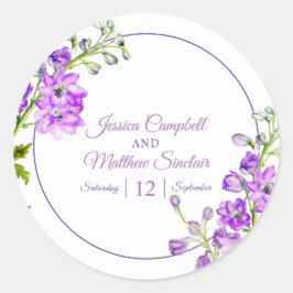 Delphiniumbloemen paarse waterverf bruiloft ronde sticker
