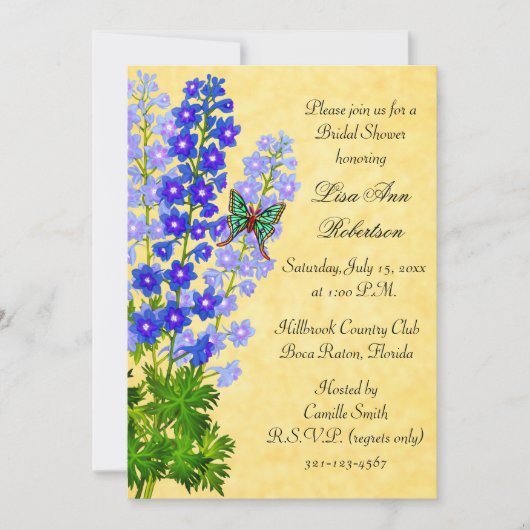 Delphiniums Gold Bridal Shower Invitation Kaart (Voorkant)