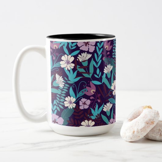 Deluxe Blauwgroen en Bourgondische bloem Tweekleurige Koffiemok (Met donut)