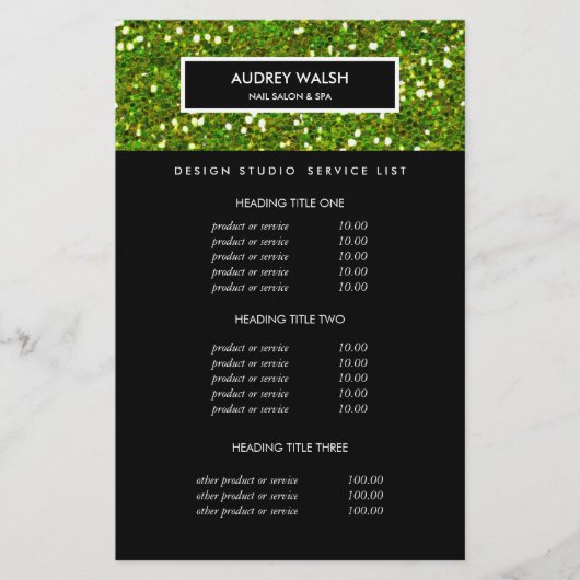 Deluxe Glittery Green Salon Pricing & Services Flyer (Voorkant)