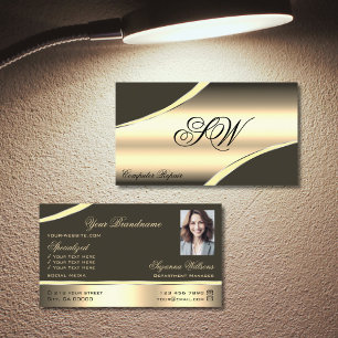 Deluxe Gold Brown Curved Lines Monogram en foto Visitekaartje
