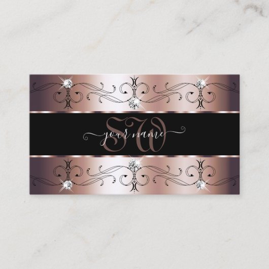 Deluxe Roos Goud en Zwart  Grenzen Monogram Visitekaartje (Voorkant)