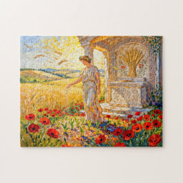 Demeter zaait graan bij veldaltaar tussen klaproze legpuzzel