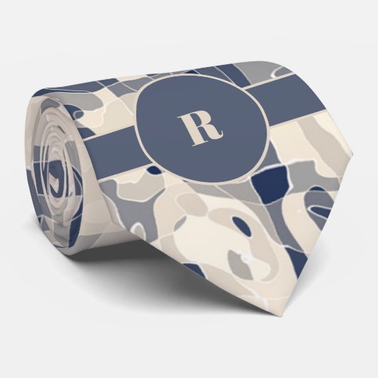 Demin Blue en Taupe Abstract met Monogram Stropdas (Opgerold)