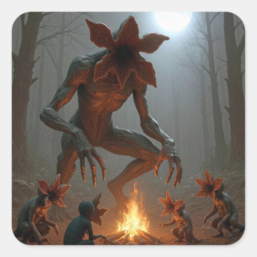 Demogorgon-wezens rondom een kampvuur vierkante sticker (Voorkant)