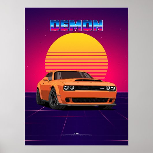Demon Muscle Car Poster – Retro Synthwave Stijl (Voorkant)