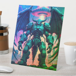 Demon Roboter mit Flügel bei einem UFO Reclamebord Met Voetstuk
