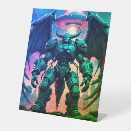 Demon Roboter mit Flügel bei einem UFO Reclamebord Met Voetstuk