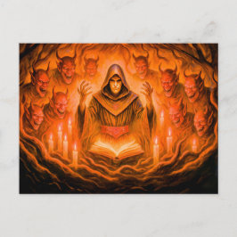 Demon summoning tovenaar in olieverfschilderij feestdagenkaart