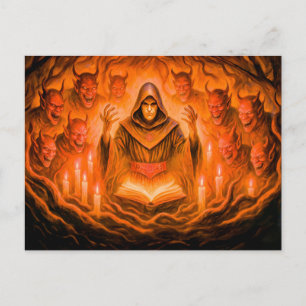 Demon summoning tovenaar in olieverfschilderij feestdagenkaart