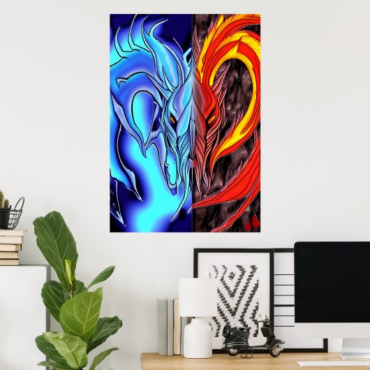 Demon van water en vuur | AI Art Poster (Thuiskantoor)