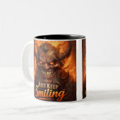 Demonic Grin “Just Keep Smiling” Design Tweekleurige Koffiemok (Voorkant links)
