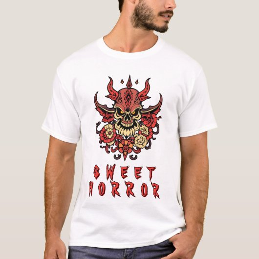 Demonic Skull met Bloemen Ornamenten T-shirt (Voorkant)