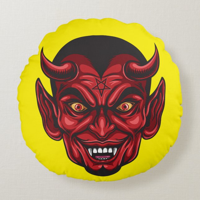 Demonisch Rood Gehoornd Gezicht Rond Kussen (Voorkant)