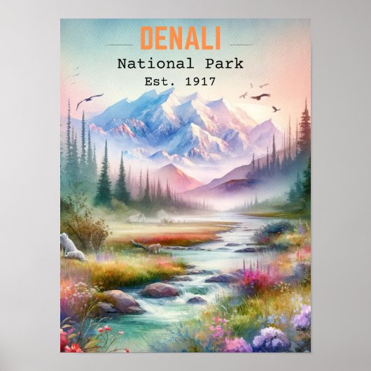 Denali National Park Alaska Mount waterverf Poster (Voorkant)