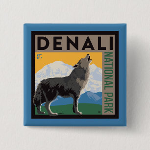 Denali National Park Howling Wolf Vierkante Button 5,1 Cm