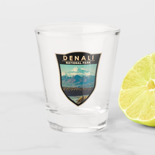 Denali National Park Waterverf Badge Shot Glas (Voorkant)