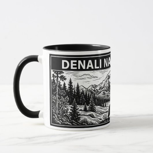 Denali National Park Zwart Wit Houtsnede Linoleums Mok (Links)
