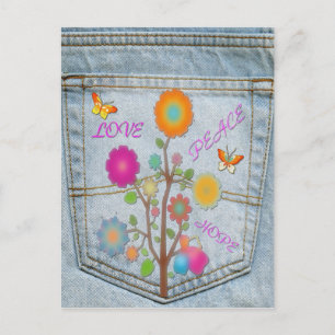 Denim Achterzak Bloem Vrede Liefde Hoop Postkaart