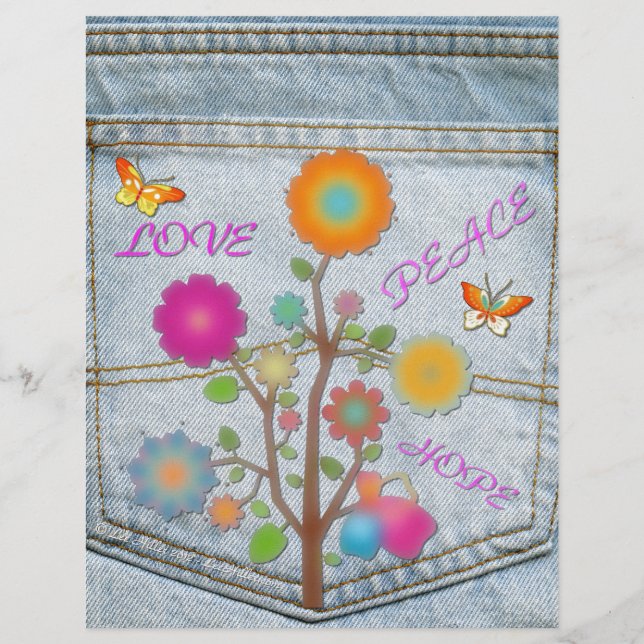 Denim Achterzak Bloemen Vrede Liefde Hoop (Voorkant)