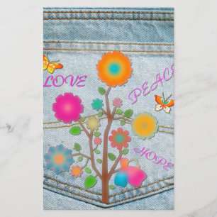 Denim Achterzak Bloemen Vrede Liefde Hoop Briefpapier