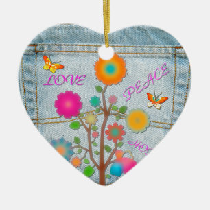 Denim Achterzak Bloemen Vrede Liefde Hoop Keramisch Ornament